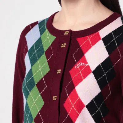 Ganni Womens Tawny Port Rhombus-print Round-neck Wool And Cashmere Cardigan Xl