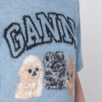 Ganni Light Blue Crewneck T-shirt With Maxi Logo Embroidery On The Front In Blue