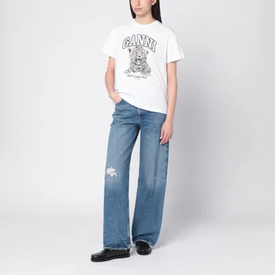 Ganni White T-shirt With Print And Logo Lettering On The Front In Cotton Woman