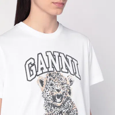 Ganni White T-shirt With Print And Logo Lettering On The Front In Cotton Woman