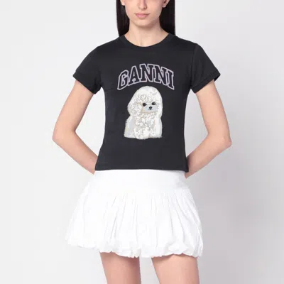 Ganni Women Black T-shirt With Round Neck And Maxi Logo On The Front In Cotton Woman In Blue
