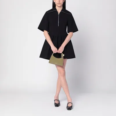 Ganni Mini Dress With Gathered Waist And Short Sleeves In Black