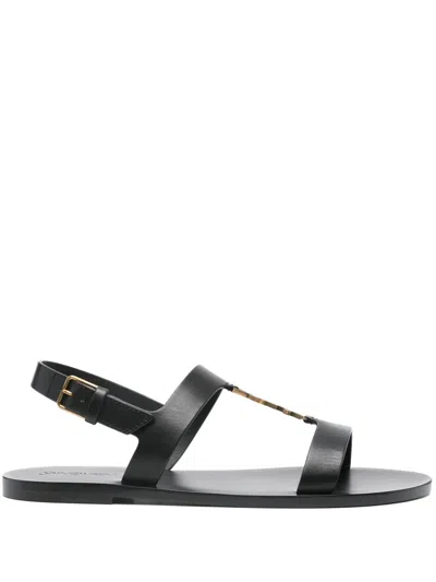 Saint Laurent Cassandra Logo Plaque Flat Sandals In Black