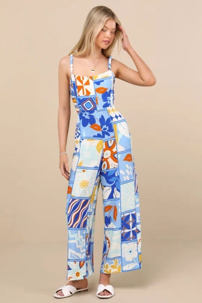 Lulus Bold Extravagance Blue Multi Print Sleeveless Wide-leg Jumpsuit In Multi