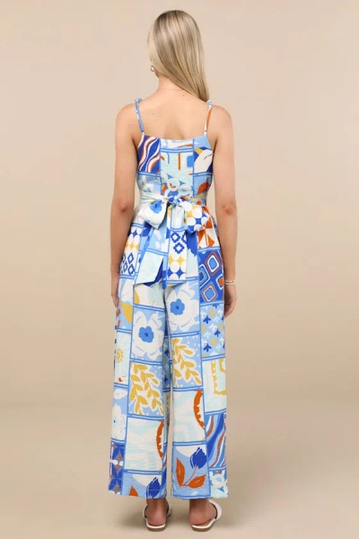 Lulus Bold Extravagance Blue Multi Print Sleeveless Wide-leg Jumpsuit In Multi