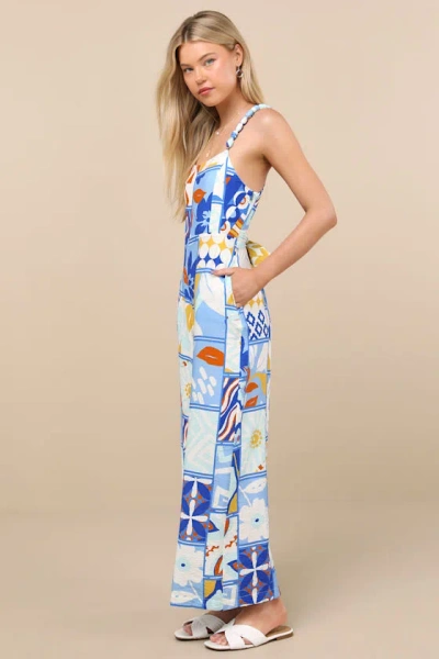 Lulus Bold Extravagance Blue Multi Print Sleeveless Wide-leg Jumpsuit In Multi