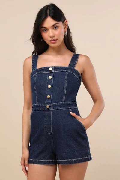 Lulus Thema Dark Wash Denim Button-front Romper In Multi
