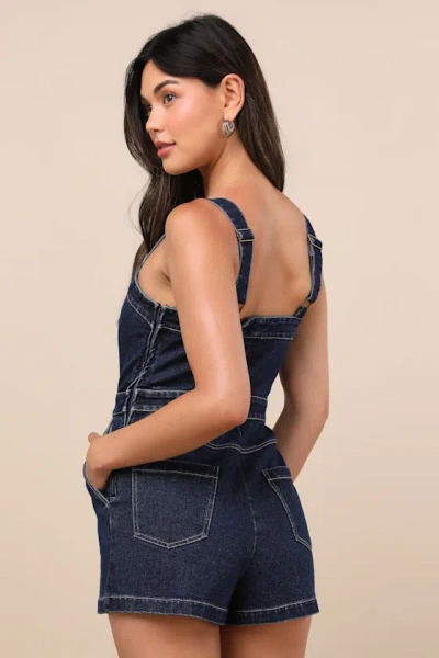 Lulus Thema Dark Wash Denim Button-front Romper In Multi