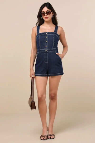 Lulus Thema Dark Wash Denim Button-front Romper In Multi