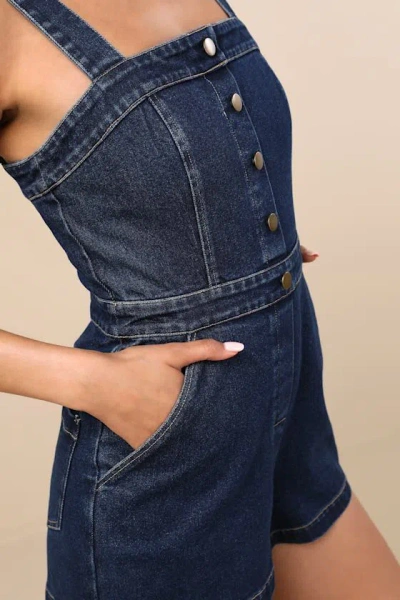 Lulus Thema Dark Wash Denim Button-front Romper In Multi