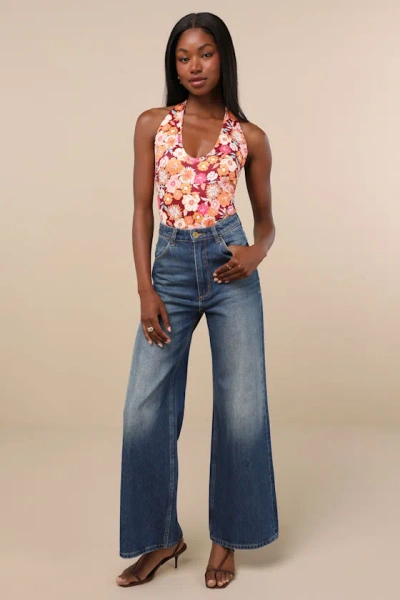 Lulus Boldly Blooming Burgundy Floral Print Halter Bodysuit In Pattern