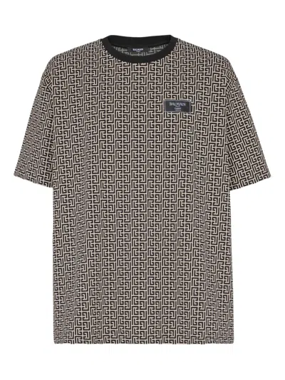 Balmain Men Jacquard T-shirt With Pb Labyrinth Monogram In Gray
