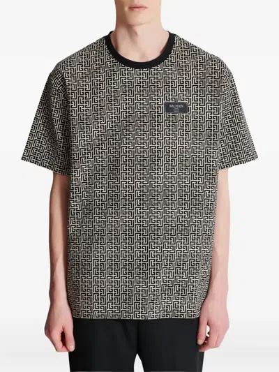 Balmain Men Jacquard T-shirt With Pb Labyrinth Monogram In Gray