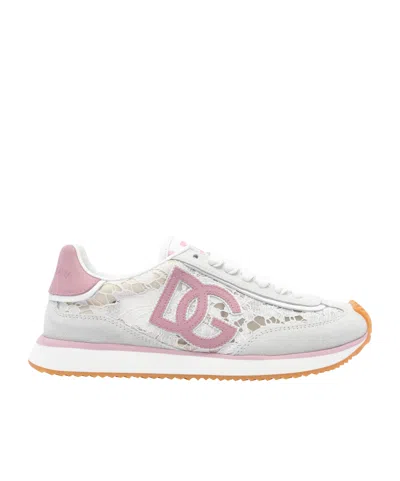 Dolce & Gabbana Dg Cushion Sneakers In Lace And Fabric In Multi