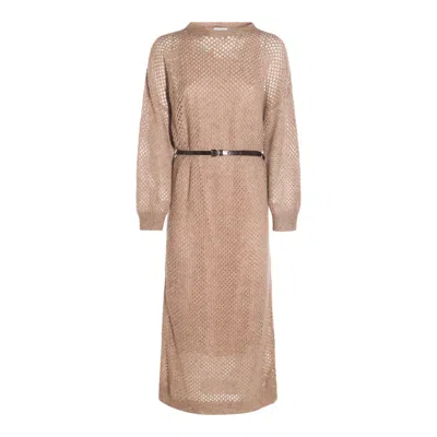 Brunello Cucinelli Hazelnut Color Midi Dress With Waist Belt