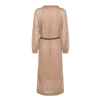 Brunello Cucinelli Hazelnut Color Midi Dress With Waist Belt