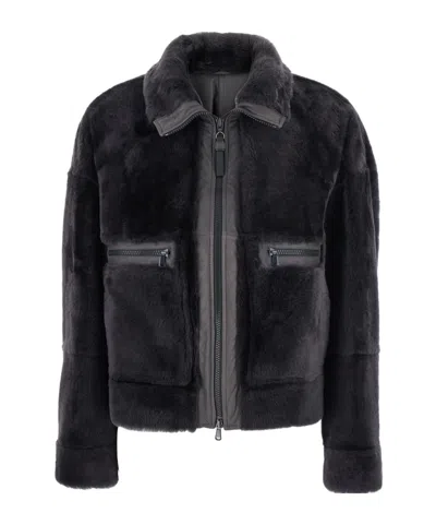 Brunello Cucinelli Grey Shearling Jacket With Two Front Welt Pockets With Zip