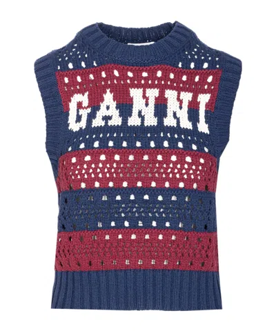 Ganni Striped Openwork Vest With Logo Inlay In Multi