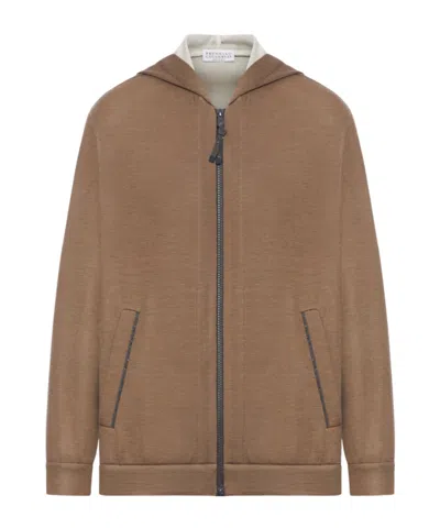 Brunello Cucinelli Cotton And Silk Zip-up Hoodie In Brown