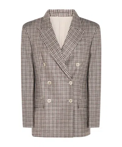 Brunello Cucinelli Beige Double-breasted Jacket With Peak Revers And All-over Check Motif In Wool Woman In Gray