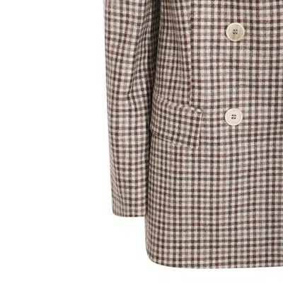 Brunello Cucinelli Beige Double-breasted Jacket With Peak Revers And All-over Check Motif In Wool Woman In Gray