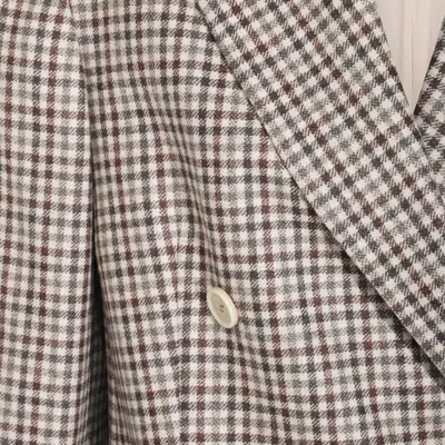 Brunello Cucinelli Beige Double-breasted Jacket With Peak Revers And All-over Check Motif In Wool Woman In Gray