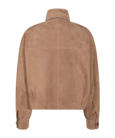 Brunello Cucinelli Leather Jacket With Button Detail And Front Pockets In Brown