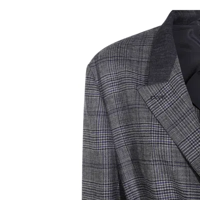 Brunello Cucinelli Waist Belted Checkered Pattern Blazer In Gray