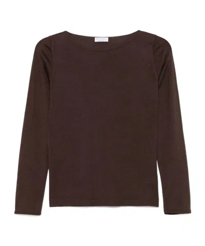 Brunello Cucinelli Cashmere Boat-neck Sweater Ribbed Texture In Burgundy