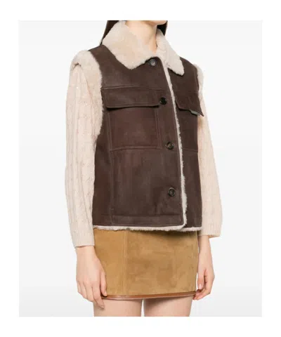 Brunello Cucinelli Sleeveless Shearling Outerwear In Brown