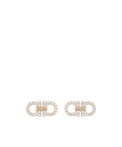 Ferragamo Double Hook Earrings With Crystal Accents In Gold