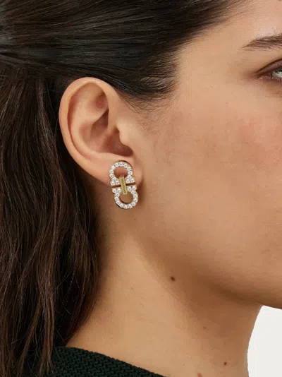 Ferragamo Double Hook Earrings With Crystal Accents In Gold