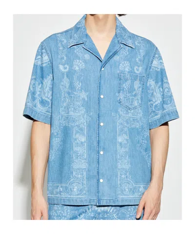 Versace Laser Denim Holiday Print Shirt In Blue