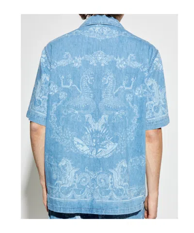 Versace Laser Denim Holiday Print Shirt In Blue