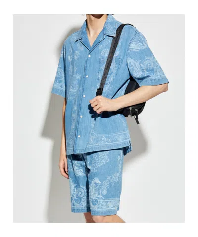 Versace Laser Denim Holiday Print Shirt In Blue