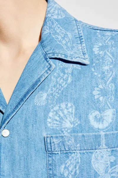 Versace Laser Denim Holiday Print Shirt In Blue