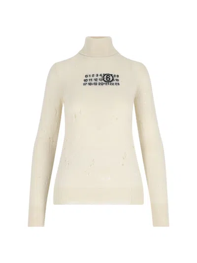 Mm6 Maison Margiela Distressed Crewneck Knitwear With Ribbed Finish In White