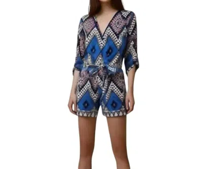 Yumi Kim Geometric Print V Neck Rolled Cuff Silk Romper In Blue Multi