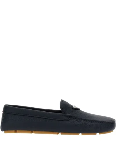 Prada Enamel-triangle-logo Suede Loafers In Blue