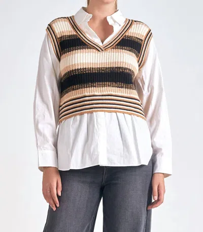 Elan Sweater Vest Blouse In Beige Multi In White