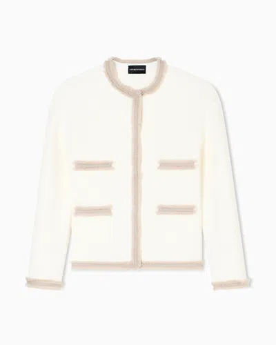 Emporio Armani Ottoman Stitch Knit Jacket With Fringe Hems In White