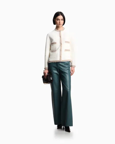 Emporio Armani Ottoman Stitch Knit Jacket With Fringe Hems In White