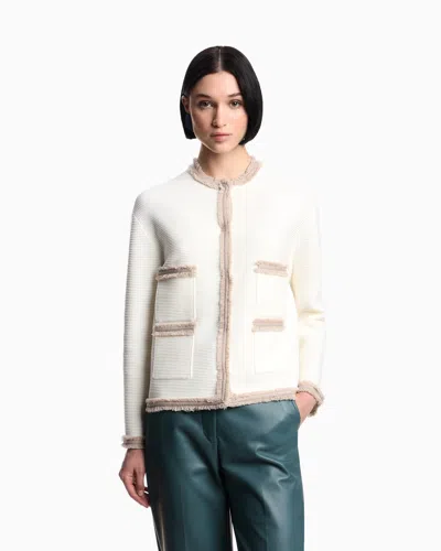 Emporio Armani Ottoman Stitch Knit Jacket With Fringe Hems In White