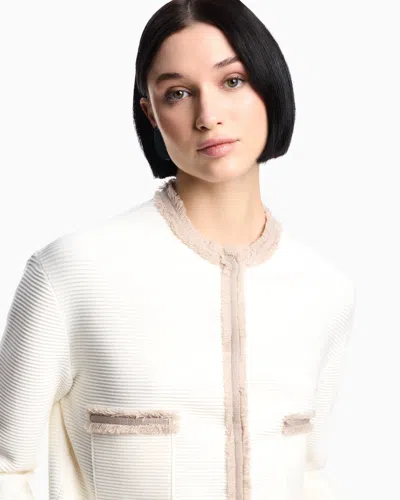 Emporio Armani Ottoman Stitch Knit Jacket With Fringe Hems In White