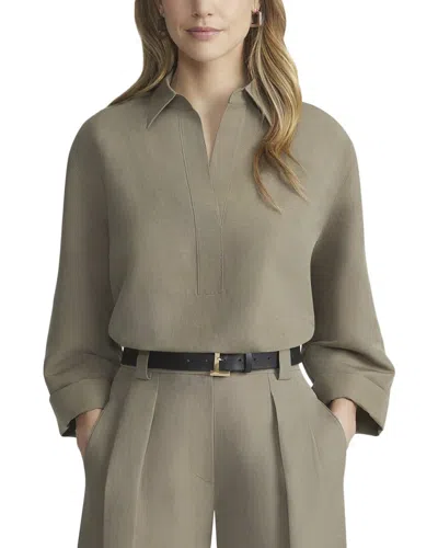 Lafayette 148 New York Pointed Collar Linen-blend Popover Blouse In Green