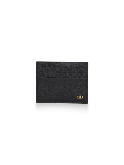Ferragamo Black Card Holder With Micro Gancini On The Front And Logo Lettering On The Rear In Grained Leather 