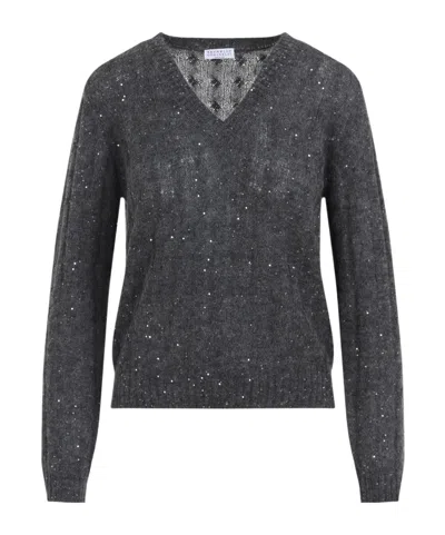 Brunello Cucinelli V-neck Cable Knit Sequin Sweater In Gray
