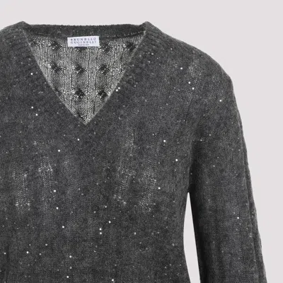 Brunello Cucinelli V-neck Cable Knit Sequin Sweater In Gray