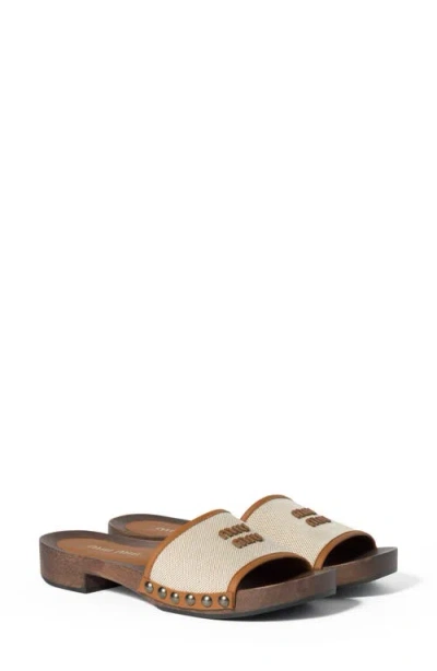 Miu Miu Canvas And Leather Studded Clog Sandals In Neutral