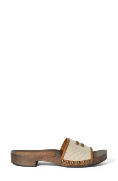 Miu Miu Canvas And Leather Studded Clog Sandals In Neutral